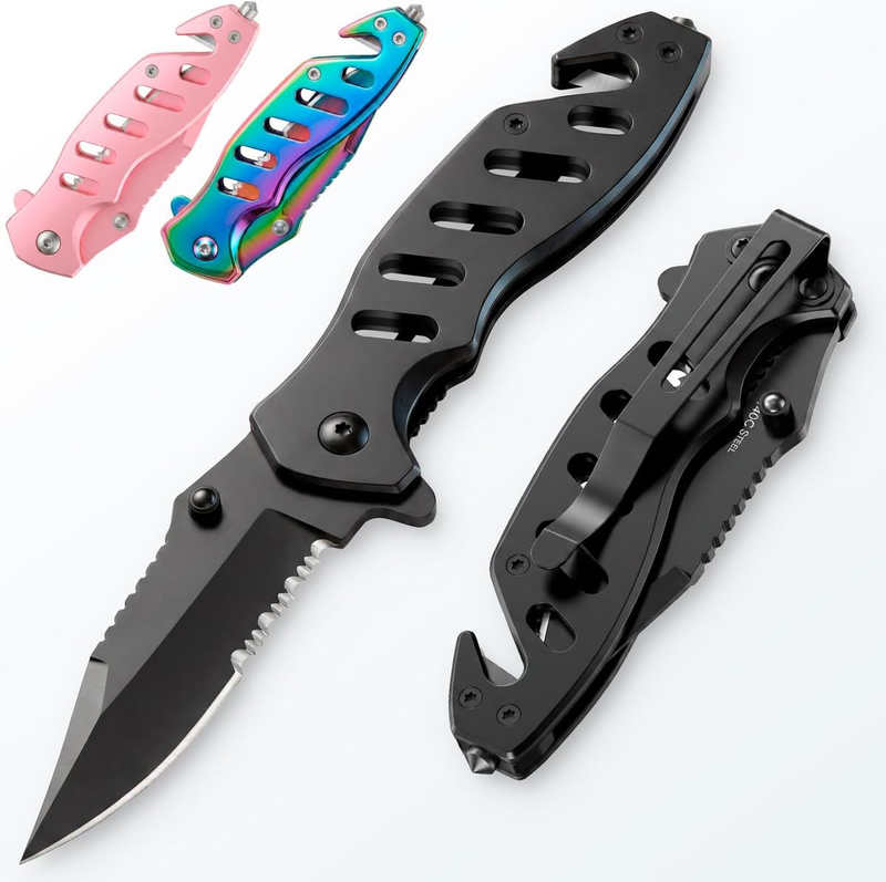 Tactical Legal Knife for Men Women - 2.68 Inch Serrated Blade - Small Black Pock