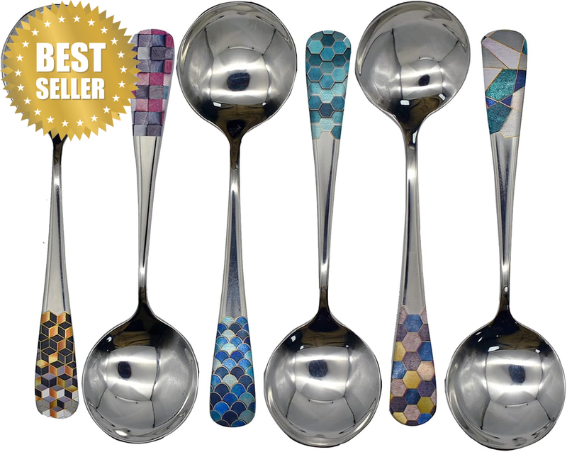 6Pcs 6.22Inch round Soup Spoons with Fashion Printing Pattern