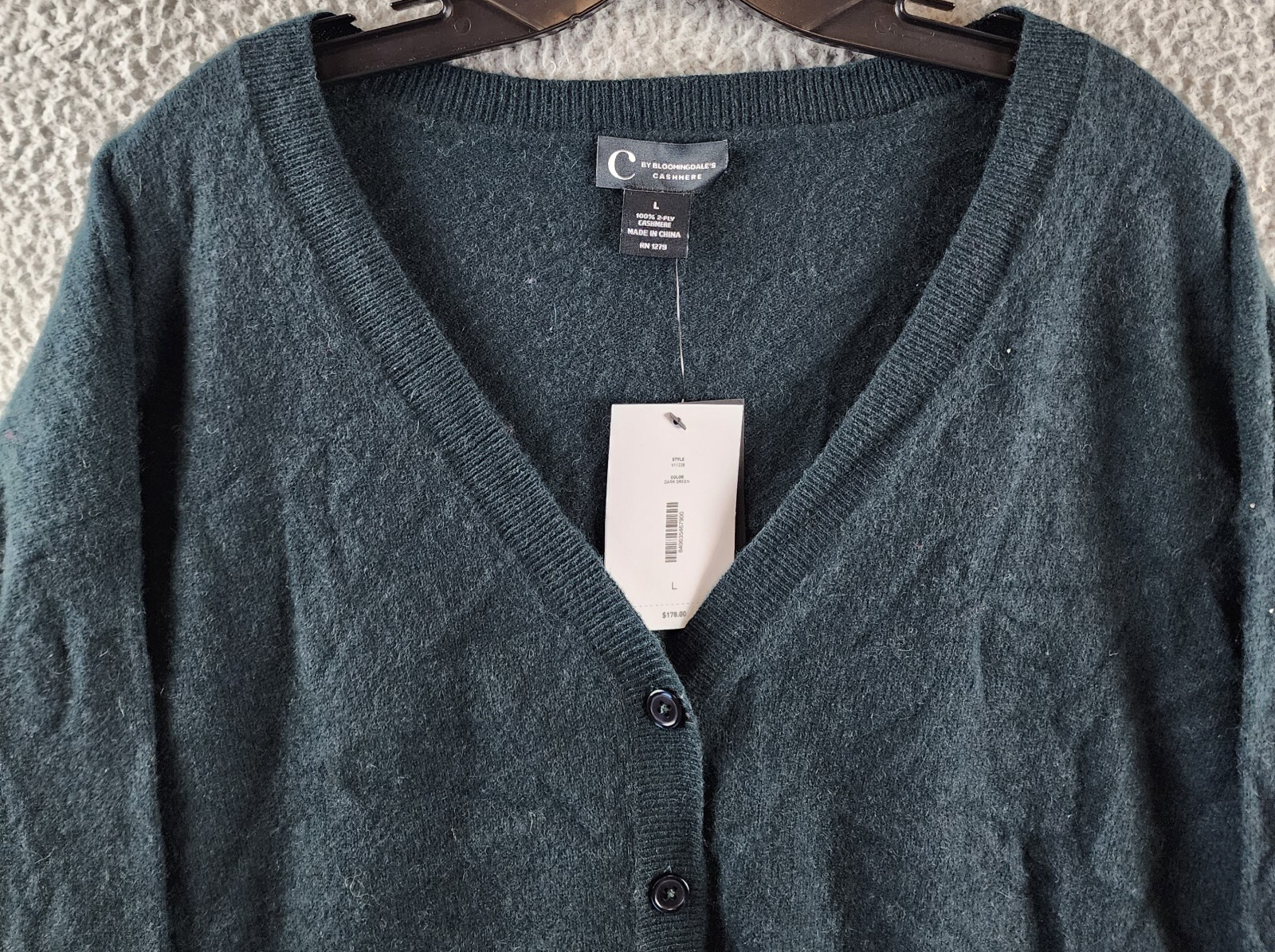 C by Bloomingdale's Cashmere V Neck Cardigan Women's L Dark Green Button Closure - Picture 3 of 12