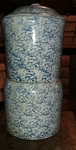 Vintage Stoneware Blue Spongeware Water Cooler Dispenser W/ Lid