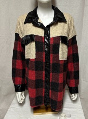 Ces Femme Women's Full Button Plaid Red/Black Shacket Size M
