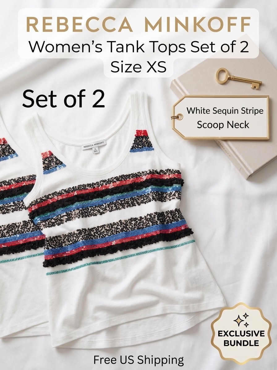 Rebecca Minkoff Womens Tank Tops Size XS White Sequin Stripe Scoop Neck Set of 2