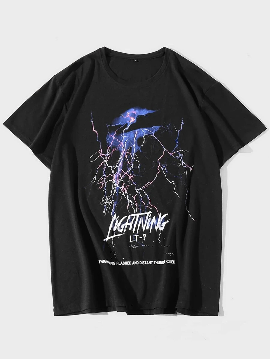 【TLLDAWN】 FLASH 1/2 SLEEVE TEE BLACK Shein Men's Black T-Shirt Lightning and Letters Size Large