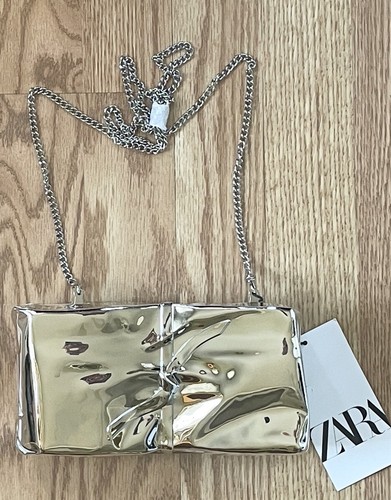 ZARA SILVER METALLIC BOX CLUTCH WITH SILVER DETACHABLE