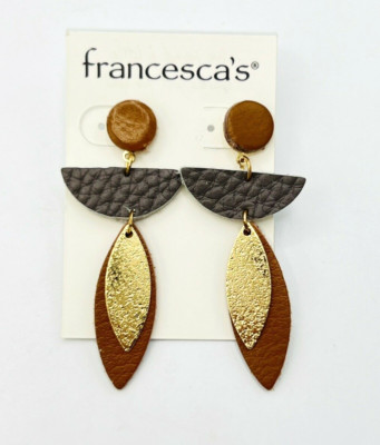 Francesca s Brown Gray Gold Leather Dangle Earrings