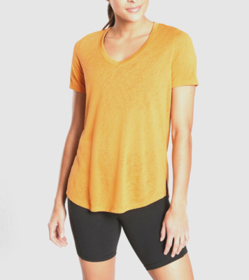 ATHLETA WOMEN'S GOLD YELLOW SCOOP V-NECK SHORT SLEEVE BREEZY TEE Sz L
