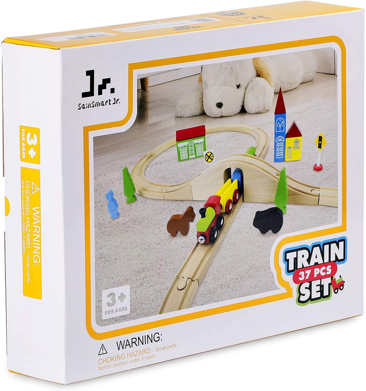 Wooden Train Set for Toddler with Double-Side Train Tracks Fits Brio Thomas