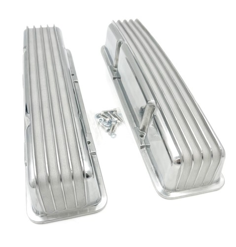 Polished Aluminum Finned Tall Valve Covers SBC Small Block Chevy 350 - No Holes