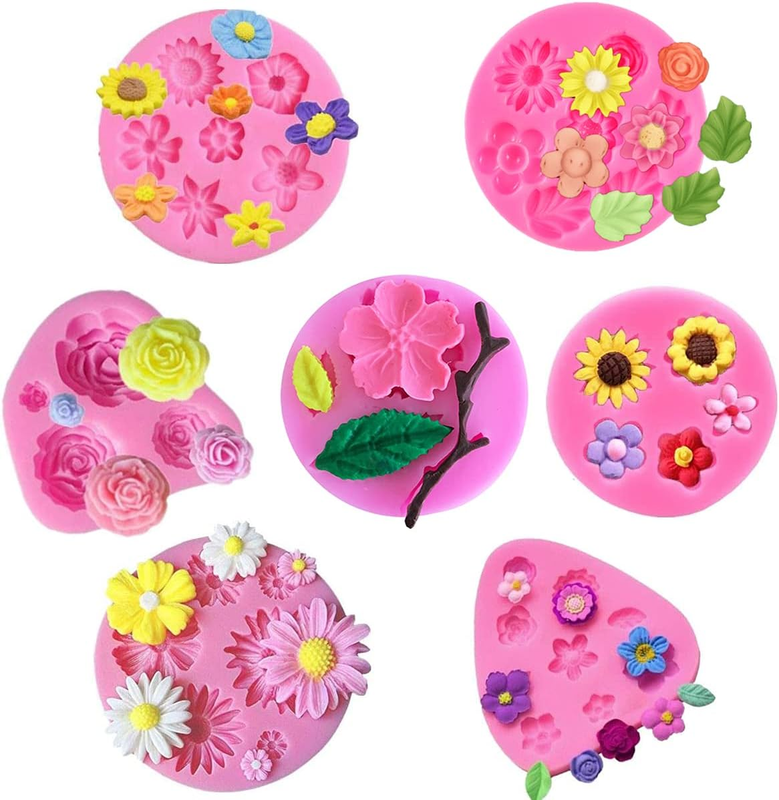 7 Pieces Flower Fondant Mold Set, Mini Flowers Silicone Chocolate Candy Molds fo