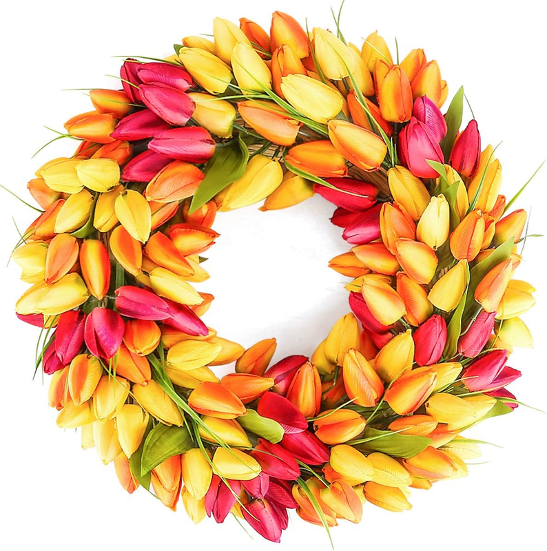 Tulip Wreath 20 Inch for Front Door Summer Fall Large Wreaths Springtime All Year around for Outdoor Door Indoor Wall or Window Décor Festival Decoration