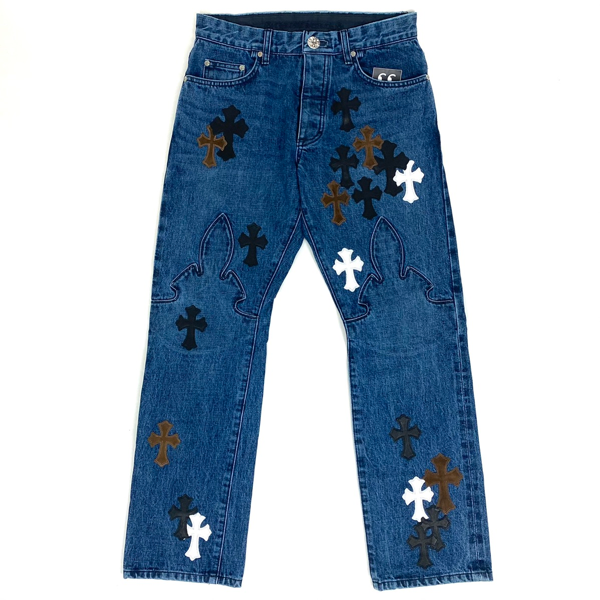 chrome hearts denim jeans fleur knee crosses brown white 32 rare sterling silver eBay