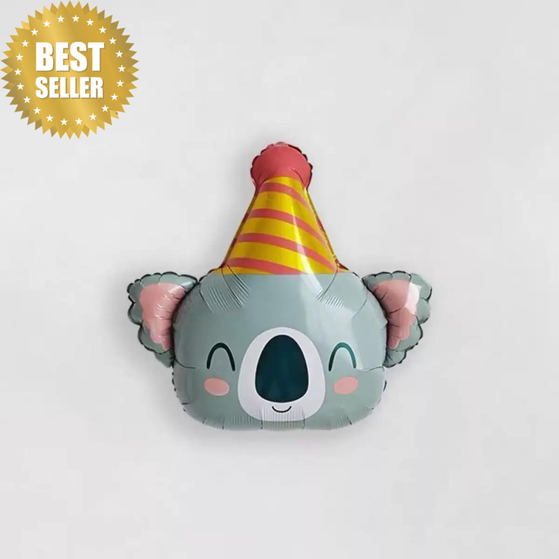 Koala Foil Balloon with Birthday Hat, Jungle Animal Theme, Mylar, Aluminum Mylar