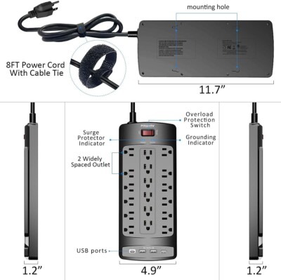 Multiple-Outlet Power Strip with Surge Protector 18 Outlets 4 USB 8 FT Long Cord