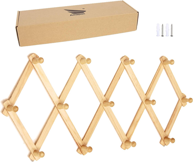 Accordion Style Expandable Wall Wooden Coat Rack 13 Hooks (Pegs) Hang Hats Jacke