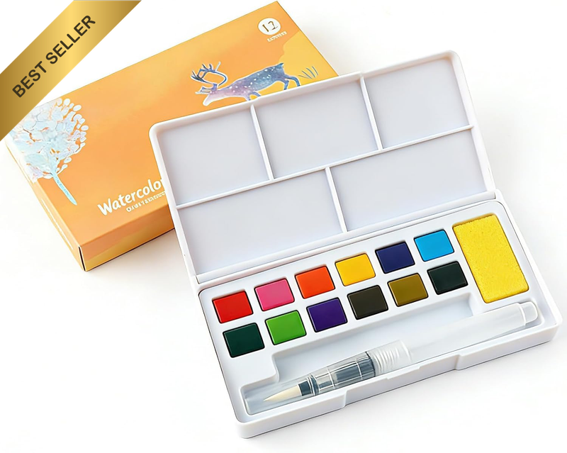 12 Colors Solid Watercolour Paint Set – Portable Travel Watercolor Kit with Wate