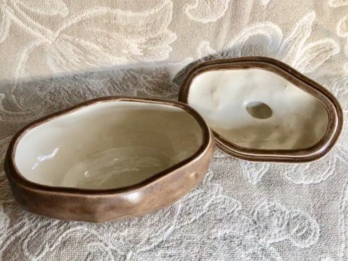Vtg Atlantic Mold Brown Ceramic Baked Potato Shaped Covered Serving Dish Bowl