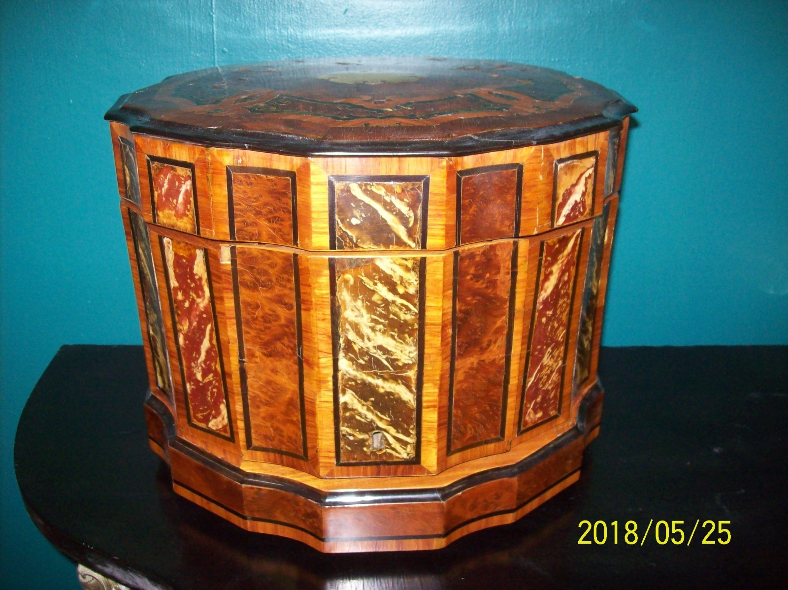 Antique French Brass Inlaid Tantalus Liquor Cabinet 4 decanters 15 glasses