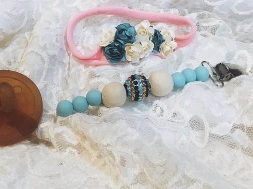 Baby Girl Pink/teal Nylon Headband W/ Teal Silicone Bead Pacifier Clip Bling