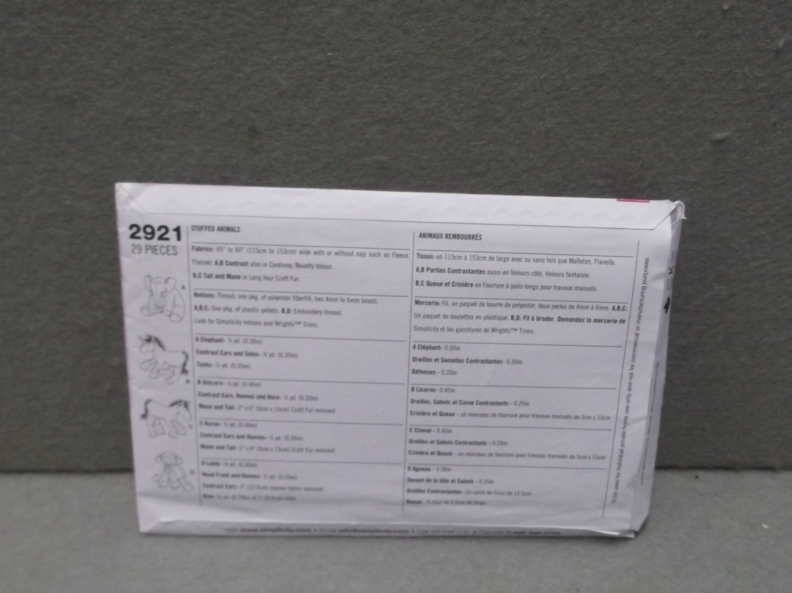SIMPLICITY STUFFED ANIMALS PATTERN 2921 UNCUT UNICORN HORSE LAMB ELEPHANT