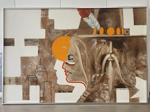 🔥 Vintage Modern Southwest Cowboy & Indian Cubist Oil Painting, ROTHWELL 1970s