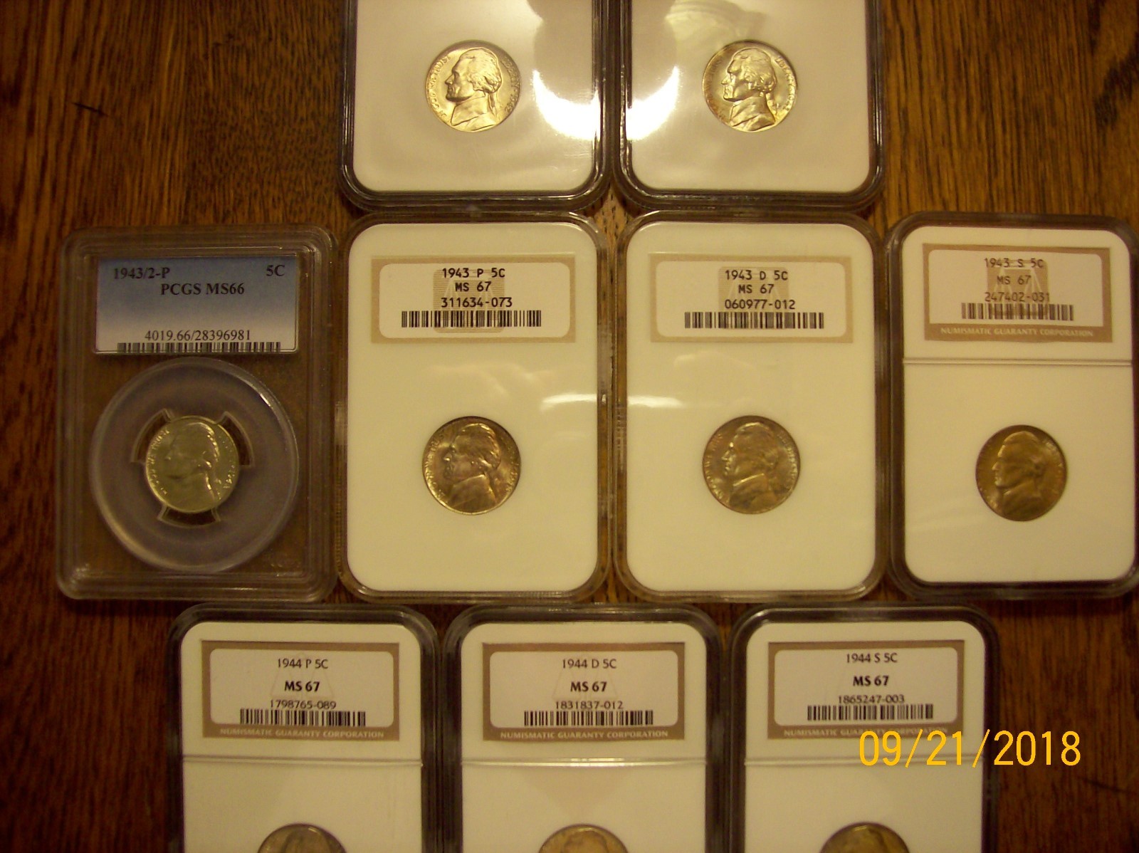 COMPLETE SET JEFFERSON SILVER WAR NICKELS 11 MS67 NGC AND 1 MS66 PCGS 1943/2-P