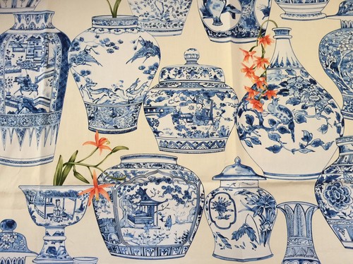 OLD WORLD WEAVERS “Vasi” Exclusive Screen Printed Cotton Chinoiserie Vase Fabric