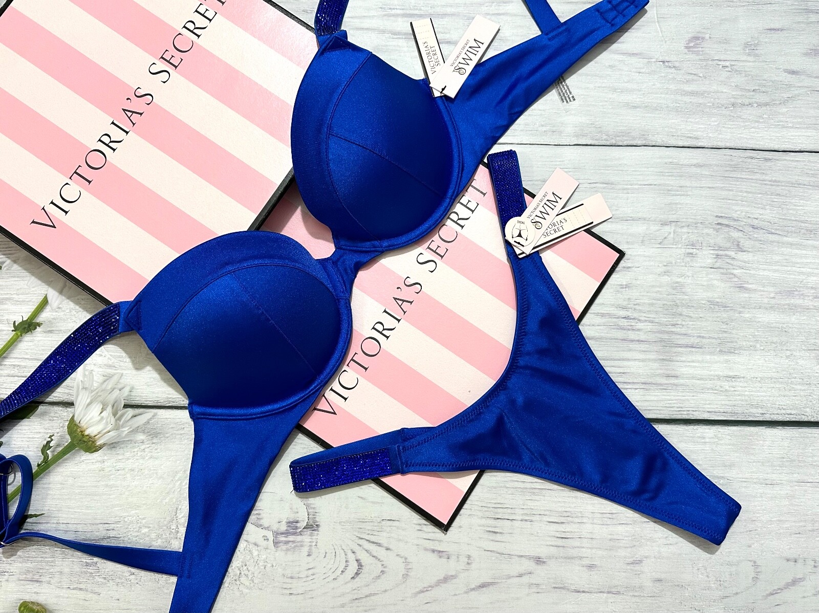 

VICTORIAS SECRET SWIM Сексуальная футболка Push-Up Бикини-стринги Синий/синий блестящий ремешок, Blue oar