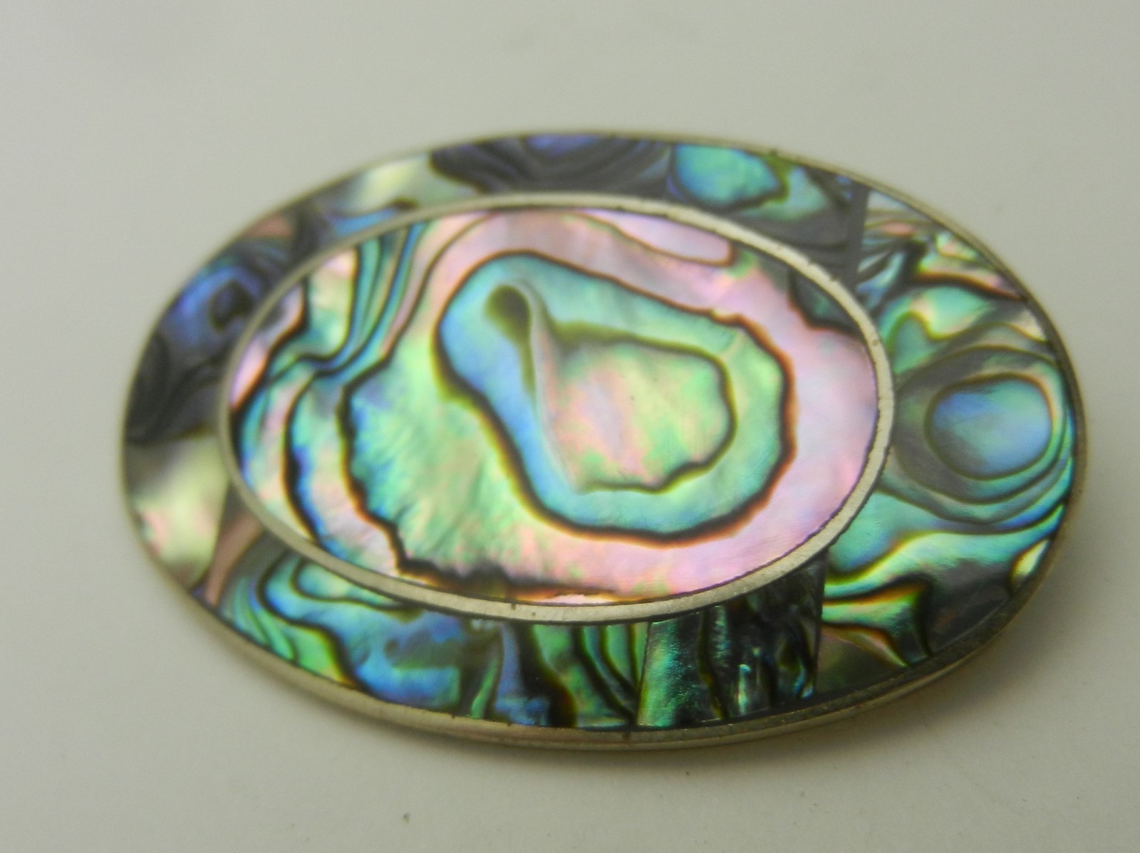 Vintage Pua Shell Alpaca Oval Brooch Pin Abalone Inlay Signed  Beautiful !!!!!!!