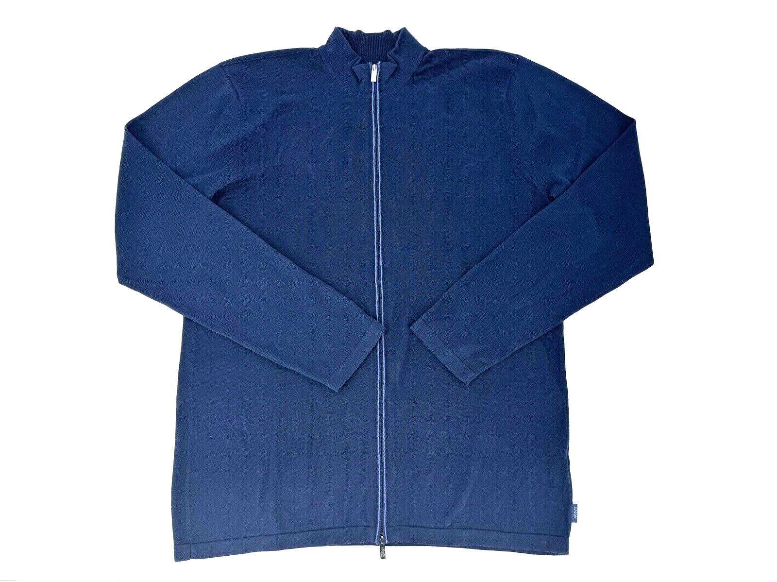 ARMANI COLLEZIONI: 濃紺色、ダブルジップアップセーター、 Men's ARMANI COLLEZIONI Navy Blue Silk & Cotton Double Zip