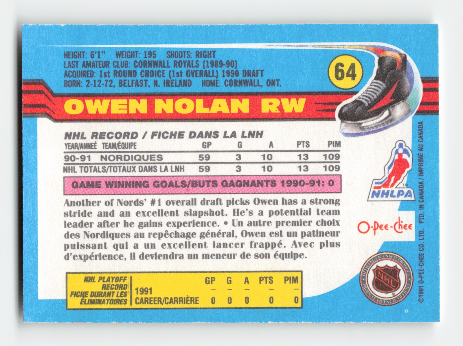 1991-92 Topps #64 Owen Nolan Near Mint or Better - Picture 2 of 2