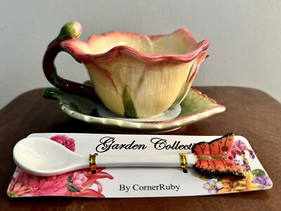 Corner Ruby Garden Collection Flower Tea Cup Leaf Saucer & Butterfly Spoon NEW