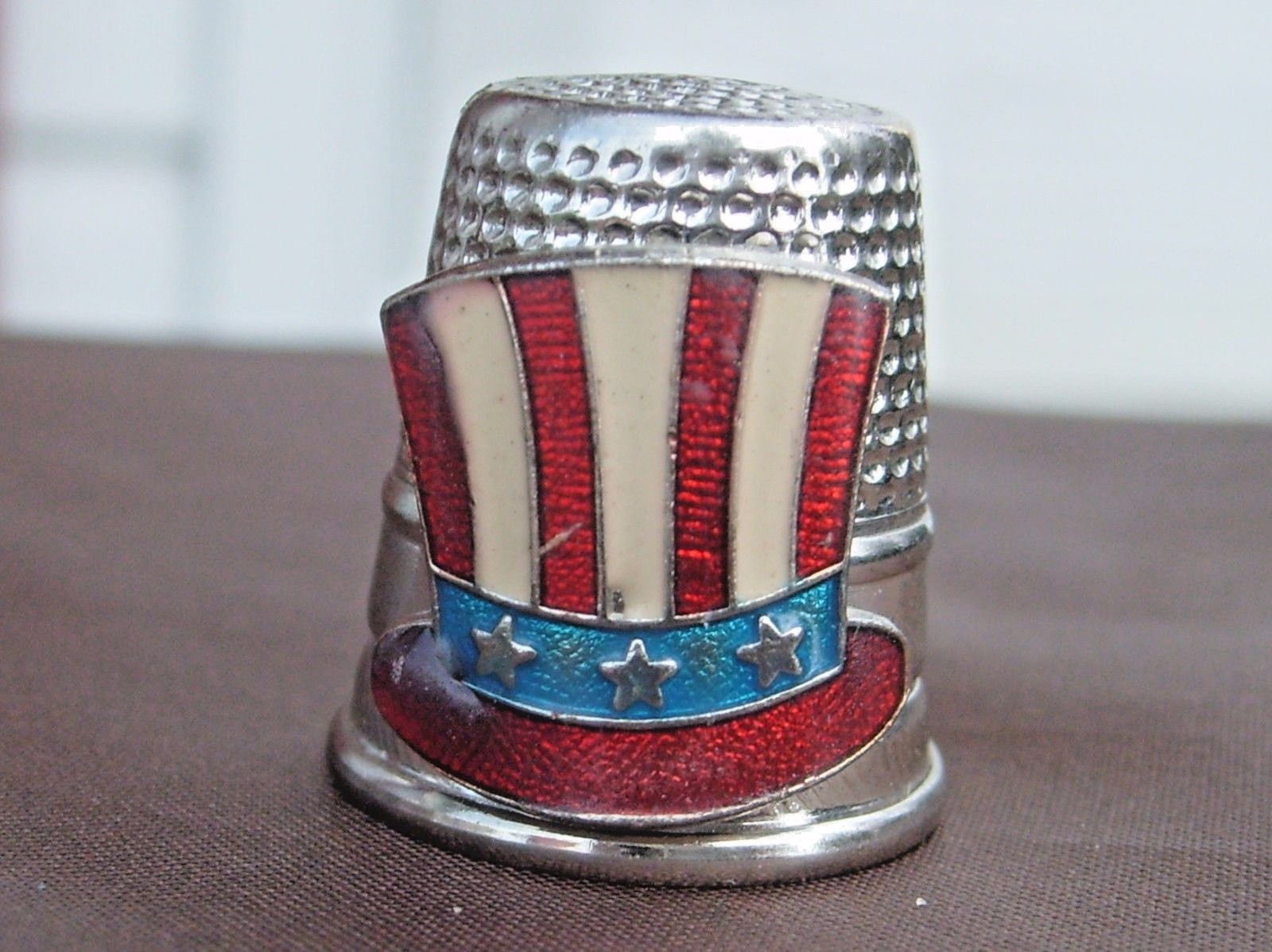 Vintage Stainless Steel Thimble with applied enameled Uncle Sam Hat