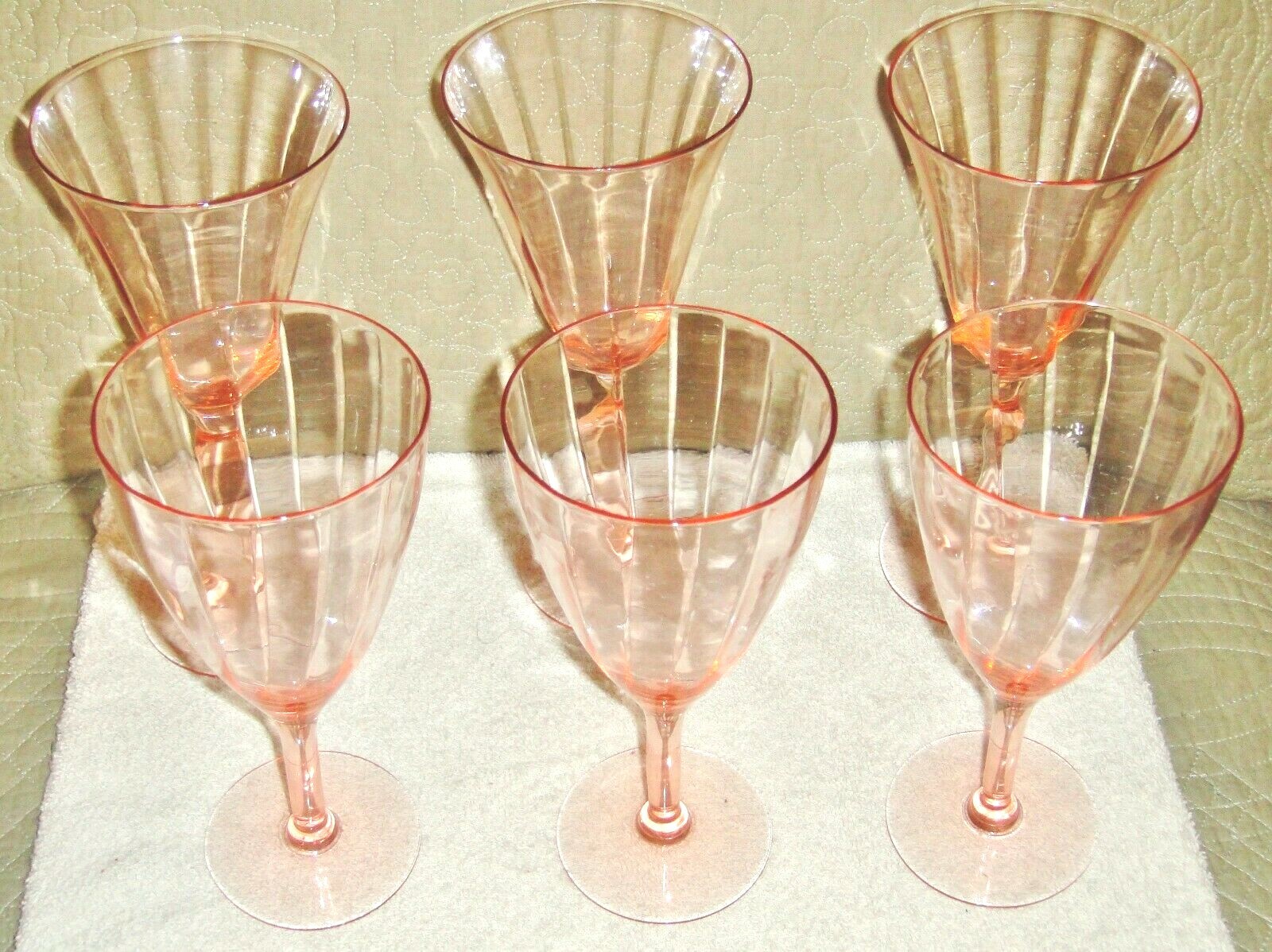 6 Vintage Pink Ribbed Depression Era Glasses ~ 3@ 7