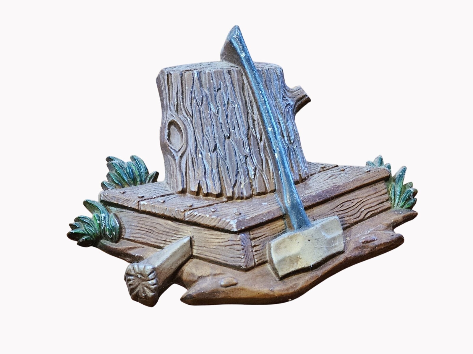 Vintage Sexton 1976 Stump & Axe Painted Cast Metal 3D Wall Art...