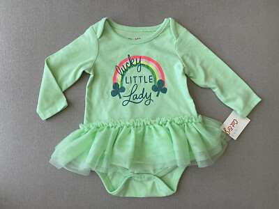 Cat & Jack Bodysuit Baby Girls Sz 0-3M Lucky St Patrick s Shamrock Tutu Green