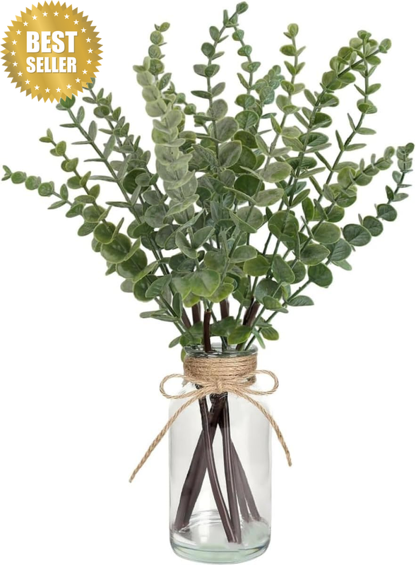 Artificial Plants Eucalyptus Branch in Glass Vase, 44CM Fake Plant Greenery Stem