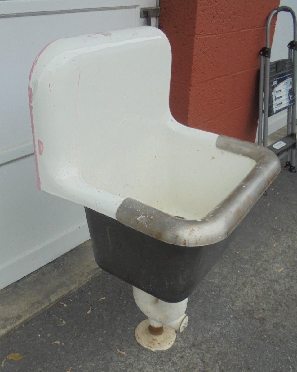 Cast iron janitor custodian, utility mop sink reclaimed w/ accessory stainless s
