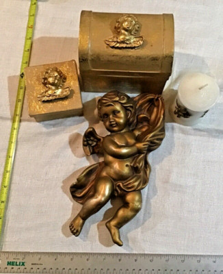 Lot of 4 Cherub Items-Wall Hanging, 2 Boxes, 1 Candle, Gold