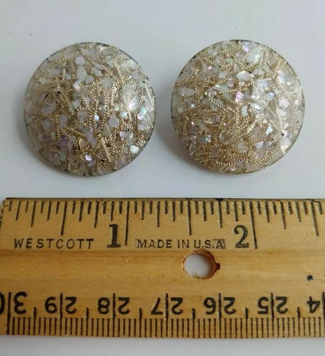 Vintage CONFETTI Glitter LUCITE White & Silver New Years Button Clip Earrings