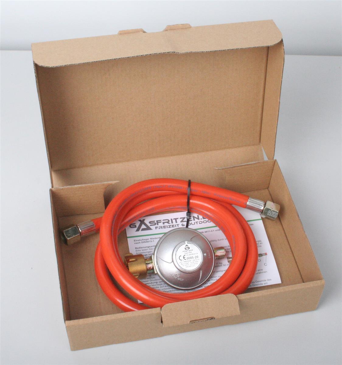 Druckminderer, 50 mbar, 1,5 m Schlauch, Schraubverbinder mit 1/4 Zoll Linksgew.