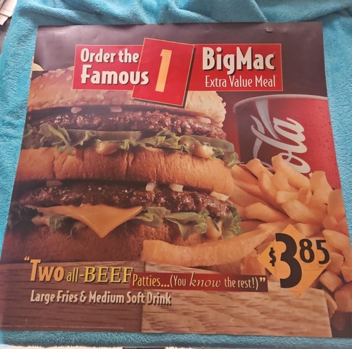 Rare 1996 McDonald's Big Mac Menu Translite Sign 22” x 22