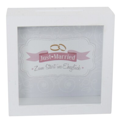 Spardose Just married Hochzeit Geschenk Sparometer Rahmen Wandspardose Weiss