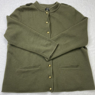 Talbots Women Olive Green Merino Wool L/S Brass Button Front Mock Neck size 1X.
