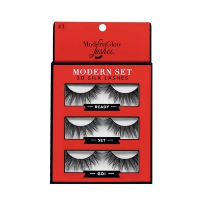 MODERN GLOW LASHES #1  Ready, Set, Go!'' 3D Silk Lash Set of 3 Water Resistant 