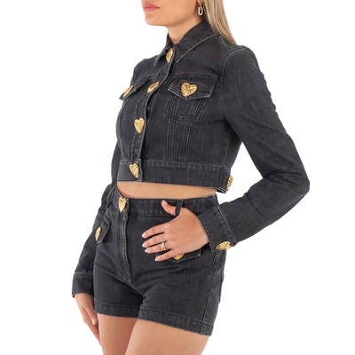 Pre-owned Moschino Heart Buttons Cropped Denim Jacket In Black