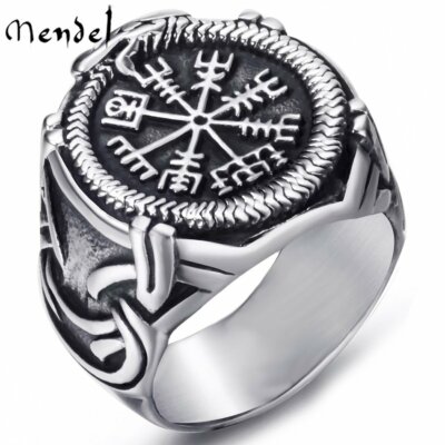 MENDEL Stainless Steel Mens Nordic Viking Dragon Vegvisir Compass Ring Size 7-15
