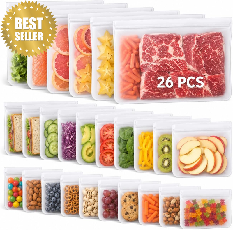 26 Pack Reusable Food Storage Bags, Bpa-Free PEVA Leakproof Freezer Bags, Dishwa