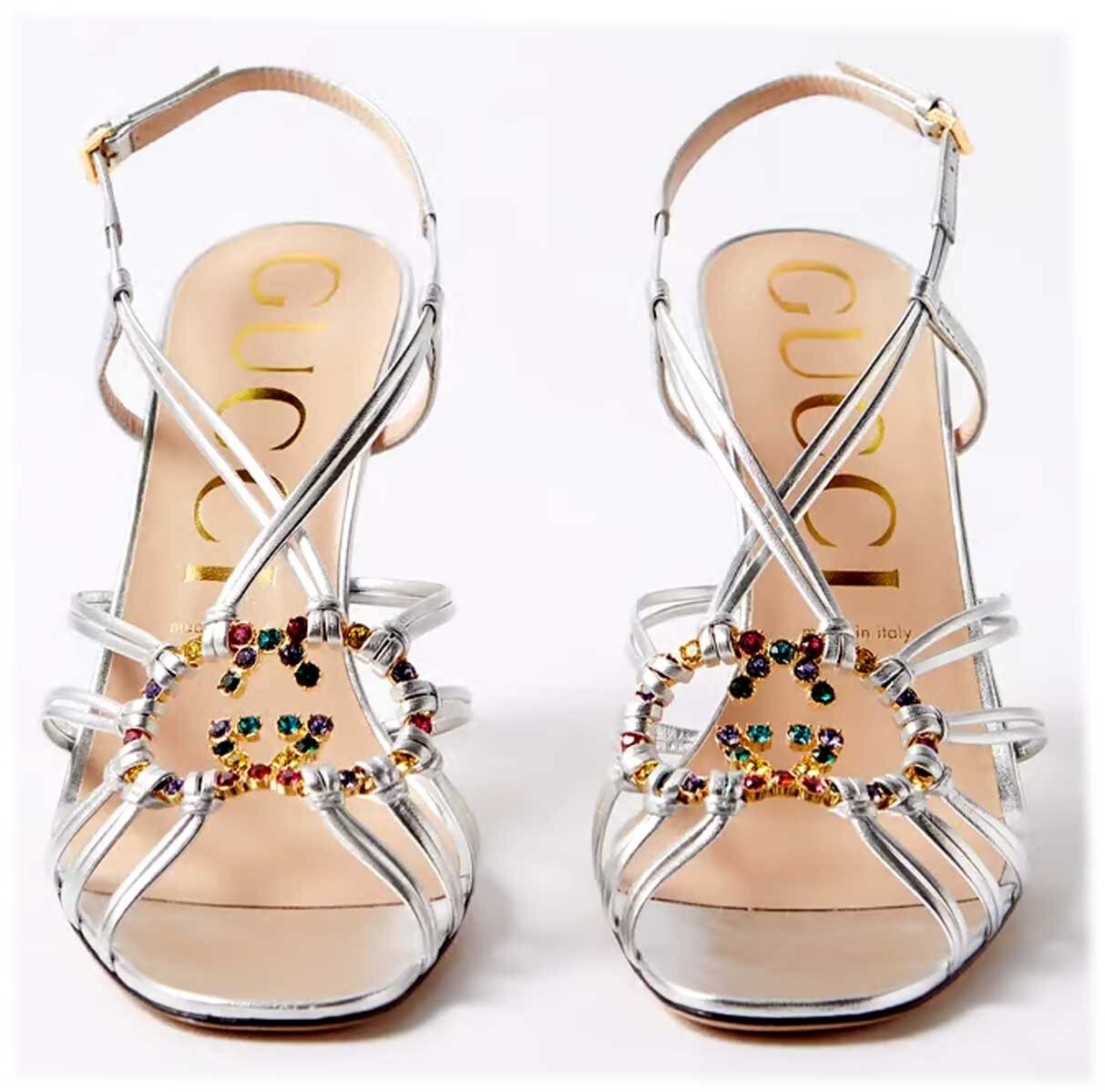 GUCCI Sandals GG Crystals Logo Shoes Sz 35.5 Silver Heels GUCCI Sandals GG Crystals Logo Shoes Sz 35.5 Silver Heels