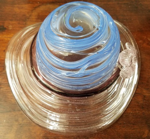 Vintage large blue art glass serving bowl hat with pink flower