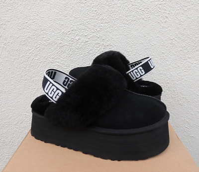 UGG BLACK FUNKETTE FLUFF SLIDE SLIPPER PLATFORM SANDALS WOMEN US